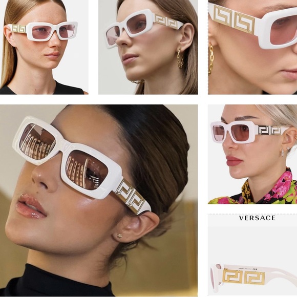VERSACE RECTANGLE WHITE SUNGLASSES WITH BOLD GOLD LOGO ON THE ARMS, PINK LENSES main image 16